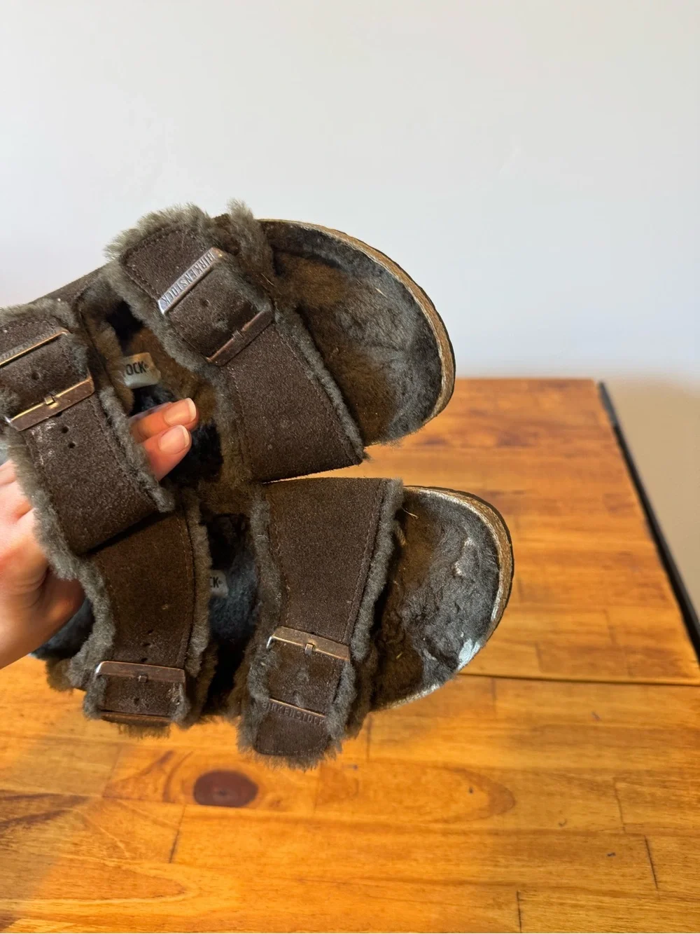 Birkenstock Arizona Shearling Slide Sandals Suede Leather Dark Brown Size 42